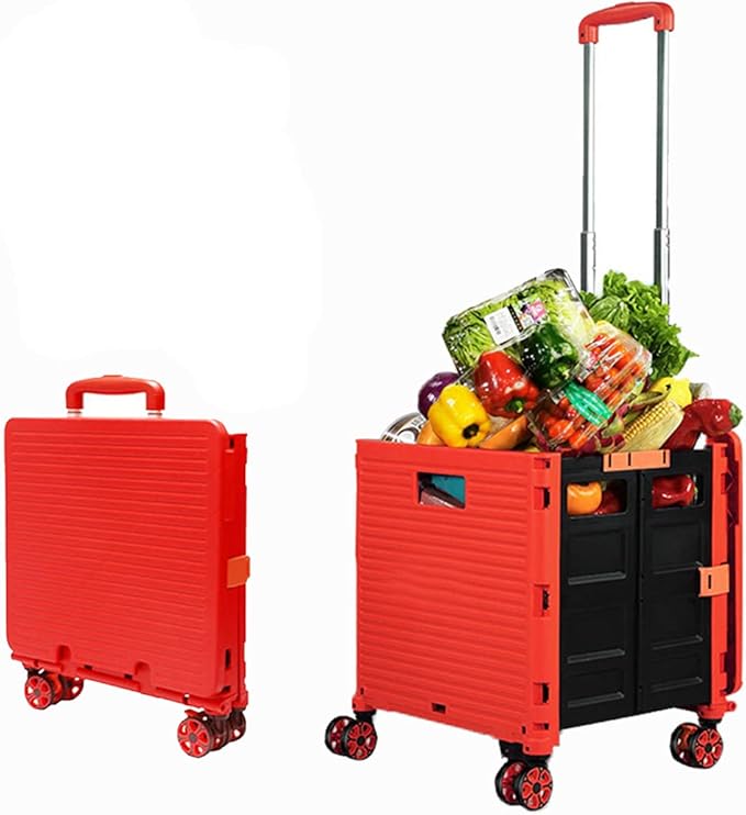 Foldable Utility Cart Folding Portable Rolling Crate Handcart Shopping Trolley Wheel Box with Lid Wear-Resistant Noiseless 360°Rotate Wheel for Travel Shopping Moving Storage Office Use (Red)