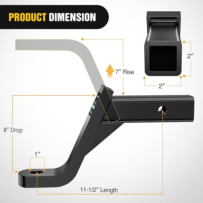 Nilight Trailer Hitch Ball Mount with 5/8" Hitch Pin Clip Fits 2 Inch Receiver Square 7500 lbs 8" Drop 7” Rise 1” Hole Gloss Black Powder Coat