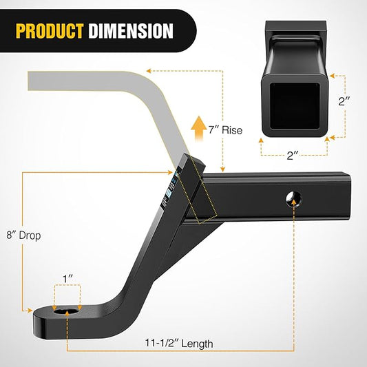 Nilight Trailer Hitch Ball Mount with 5/8" Hitch Pin Clip Fits 2 Inch Receiver Square 7500 lbs 8" Drop 7” Rise 1” Hole Gloss Black Powder Coat