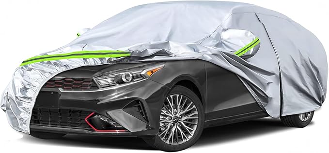 Waterproof Car Covers Replace for 2009-2025 Kia Forte/K3, 6 Layers Silver All Weather Custom-fit Car Cover with Zipper Door & Windproof Bands for Snow Rain Dust Hail Protection