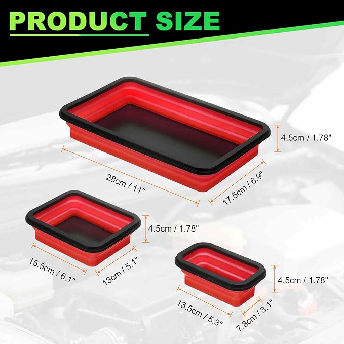HARFINGTON 3pcs Collapsible Magnetic Parts Tray Set 3 Different Size Foldable Small Metal Parts Tool Tray Rectangle Silicone Bowls for Fixing Screw Bolts Nuts Washers Pins, Red