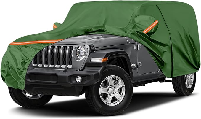 Waterproof Car Covers Replace for 2007-2025 Jeep Wrangler 4 Door, Multilayer Heavy Duty with Cotton Liner All Weather Car Cover with Zipper Door, Windproof Bands for Snow Rain Dust Protection