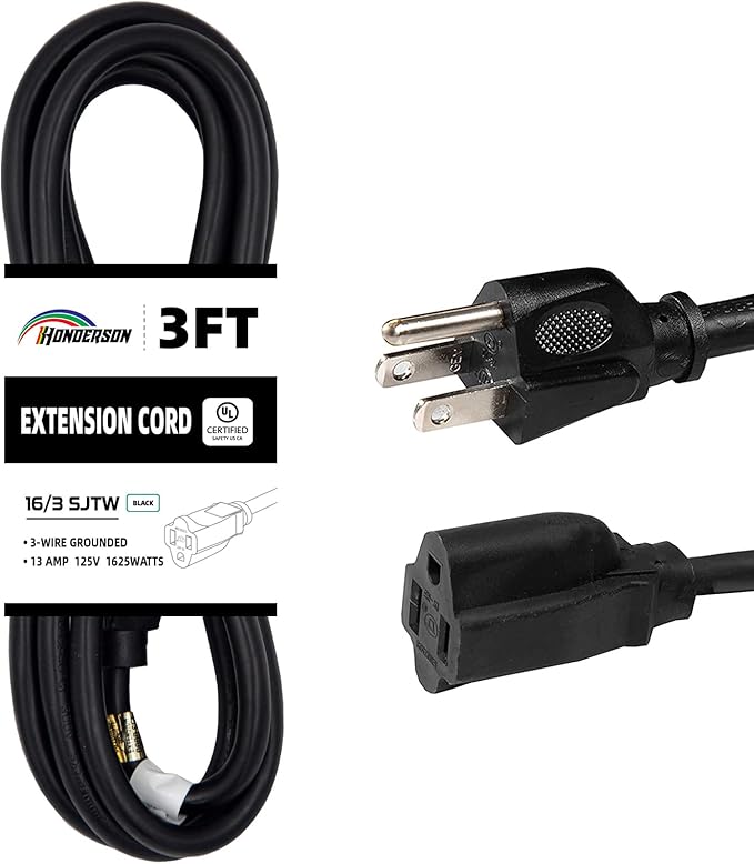 Extension Cord, UL Certified, 16 Gauge 3FT Black 3 Prong Heavy Duty, 16/3 SJTW 13A Power Cord for Lights, Appliances, Lawn