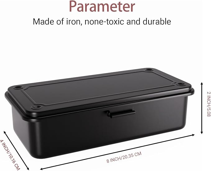 Small Metal Tool Box with Latch, Mini Steel Toolbox Storage Box, Portable Tin Box with Lid for Tools, Car, Workshop & Crafts 7.9" (Black)