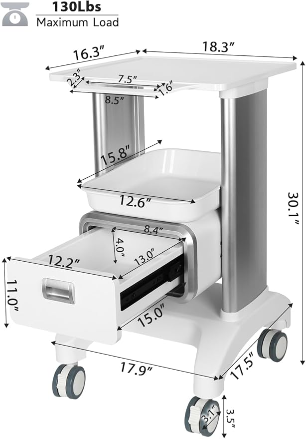 Medical Trolley Cart Mobile Ultrasound Cart 130 LBS Load Professional Portable Storage Drawer with 4 Silent Wheels Tray for Hospital Dental Clinic Beauty Salon Office Bedroom