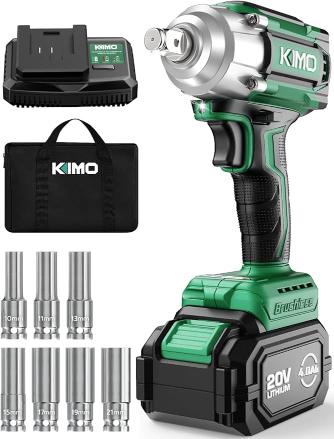 KIMO Cordless Impact Wrench, 1200N.m/900ft-lbs, 4000 RPM, 7Sockets High Torque Brushless Wrench with 3/8" Chuck, 4000mAh Li-ion Battery, Fast Charger, Variable Modes Power Impact Driver for Car Tires