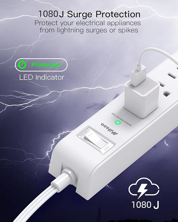 2 Pack Power Strip, 15FT Long Extension Cord, Surge Protector with 6 Outlets and 4 USB Charging Ports(2 USB C), Flat Plug Overload Protection, Wall Mount for Home Office Dorm College