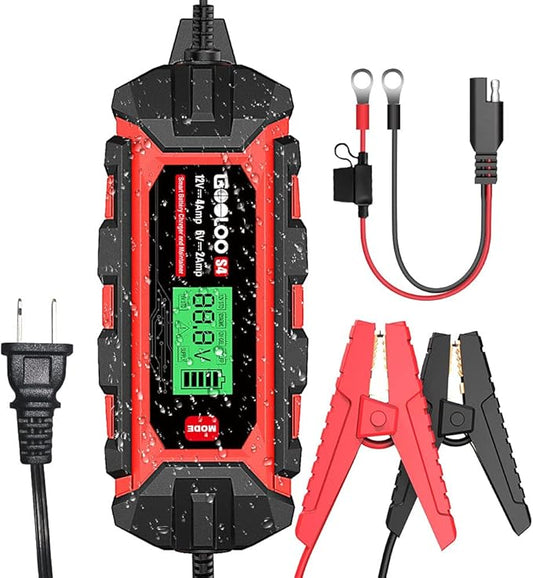 GOOLOO S4 4 Amp Car Battery Charger Automotive, 6V/2A 12V/4A Smart Trickle Charger Maintainer with Supply Mode, Automatic Motorcycle Battery Charger for Truck Lawn Mower RV Boat Lead-Acid Battery