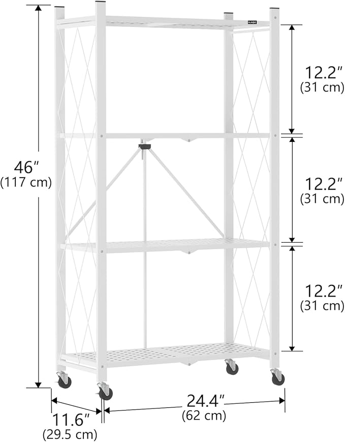 ALANNG Heavy Duty 4-Tier Folding Shelf with Wheels, No Tools Assembly Metal Storage Rack Cart, 264LBS Capacity for Kitchen, Pantry, Laundry Room, Garage, (White, 1PACK)