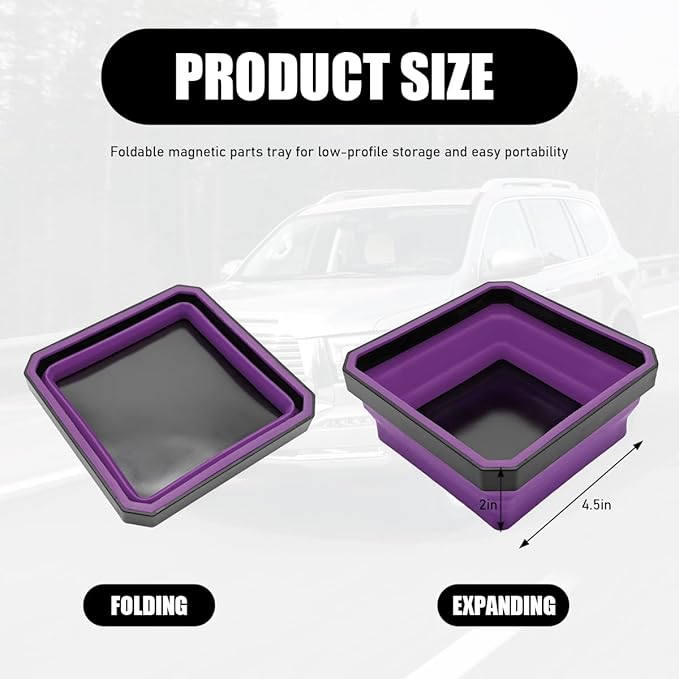 Collapsible Magnetic Parts Tray, 4.5" Square Silicone Tool Tray with Double-Sided Magnetic Base, Foldable Bowls Small Metal Parts Holder for Screws Bolts Nuts Washers (Purple)