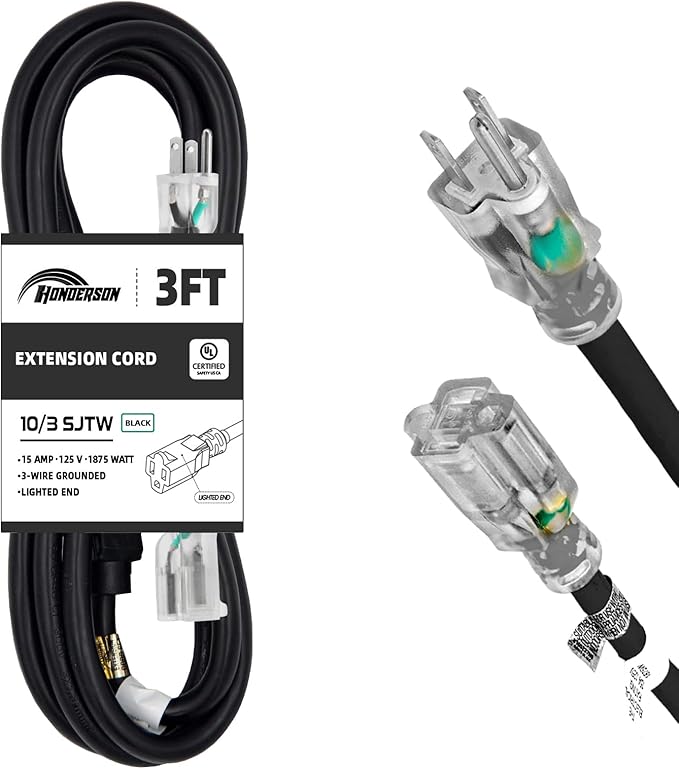 Extension Cord Weatherproof with Lighted End, UL Certified, 10 Gauge 3FT Black 3 Prong Heavy Duty, 10/3 SJTW 15A Power Cord for Lights, Lawn