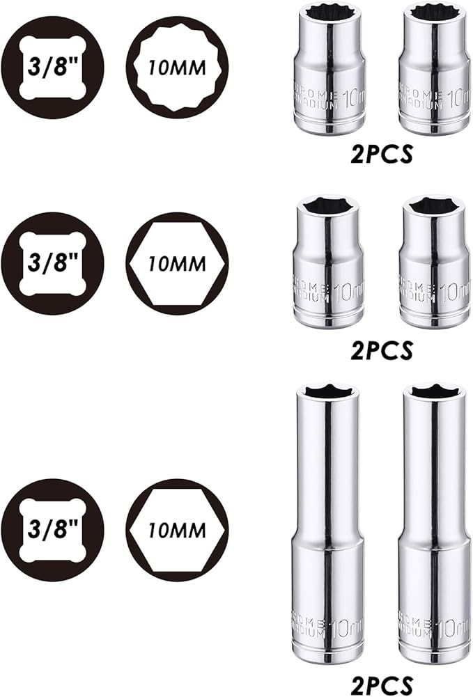 MIXPOWER 6PCS 3/8"Drive 10mm Deep&Shallow Socket, CR-V, Metric, Mirror Finish, 6 Point & 12 Point