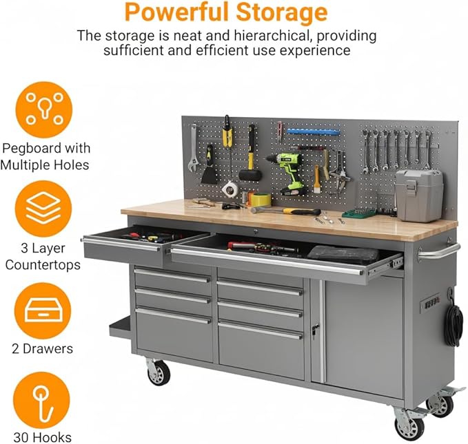 Garvee 61-inch Rolling Tool Chest, 10 Drawers Garage Workbench Storage Tool Cabinet with Power Strip, Solid Rubber Wood Top, 1675 LBS Load Mobile Workstation, Heavy Duty Rolling Cabinet