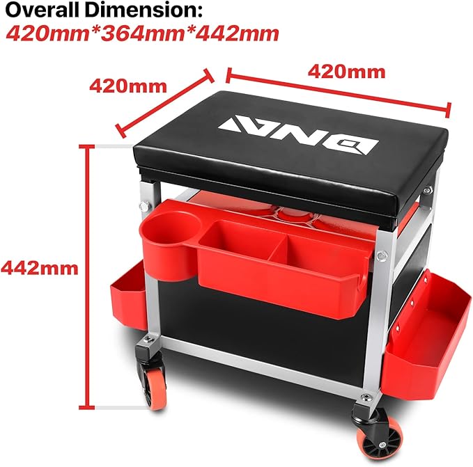DNA Motoring TOOLS-00198 Adjustable Height Mechanics Roller Seat Creeper Stool With Padded Cushion, Tool Storage Drawer & Tray, 350 Lbs Max Weight Capacity
