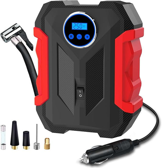 Digital Air Compressor for Car Auto Pump Portable Tire Inflator with LED Light DC 12V, Red
