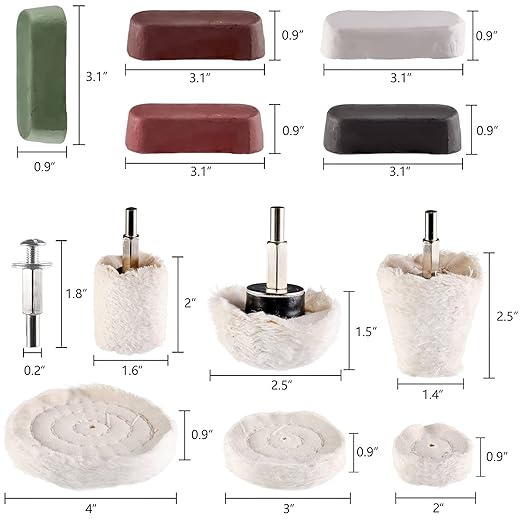 Hedume Set of 12 Buffing Pad Polishing Wheel Kits Included 5 Pack Rouge Compound, Cone, Column, Mushroom, T-Shaped Wheel Grinding Head with 1/4" Handle-for Manifold/Aluminum/Stainless Steel/Chrome