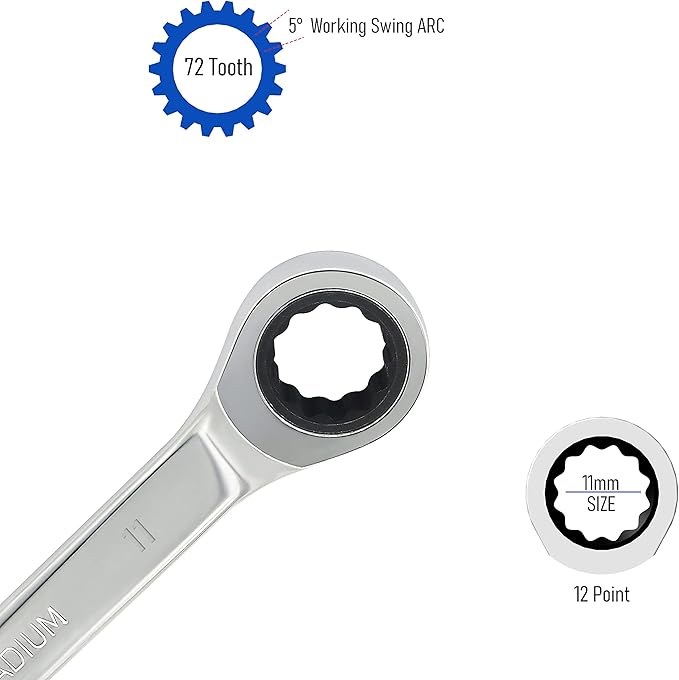 Double Box End Ratcheting Wrench 10mm x 11mm Metric 72 Teeth 12 Point Ratchet Gear Spanner Tools, Heat-Treated CR-V