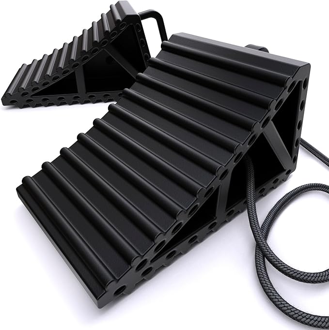 Wheel Chocks for Cars, RVs, Trucks, Trailers, and Vehicles G.V.W. up to 8T, 2 Pack with Handle and Rope - Anti Slip Bottom Tire Chock for All Weather Use - Accessory Must (Black - 2 Pack)