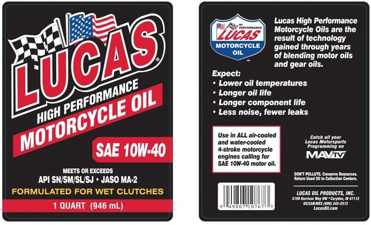 Lucas Oil 10767 High Performance Conventional SAE 10W-40 Motorcycle Oil - 1 Quart
