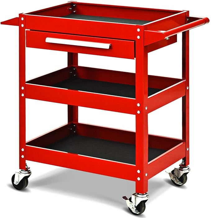 Goplus 3 Tier Rolling Tool Cart, 330 LBS Capacity Heavy Duty Utility Cart Tool Organizer with Storage Drawer, Industrial Commercial Service Tool Cart for Mechanics, Garage, Warehouse & Repair Shop