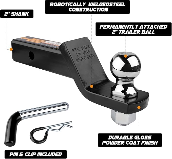 Donext Trailer Hitch Mount with 2-Inch Ball & Pin, Fits 2-in Receiver, Gloss Black Powder Coat, Heavy Duty Tow Hitch for Trailer, 2" Ball Hitch
