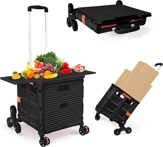 Foldable Utility Cart with Stair Climbing Wheels,Collapsible Rolling Crate with Magnetic Lid Telescopic Cover,Telescoping Handle,360° Rotate Wheel Hand Cart for Teacher Shopping Moving Grocery(Black)