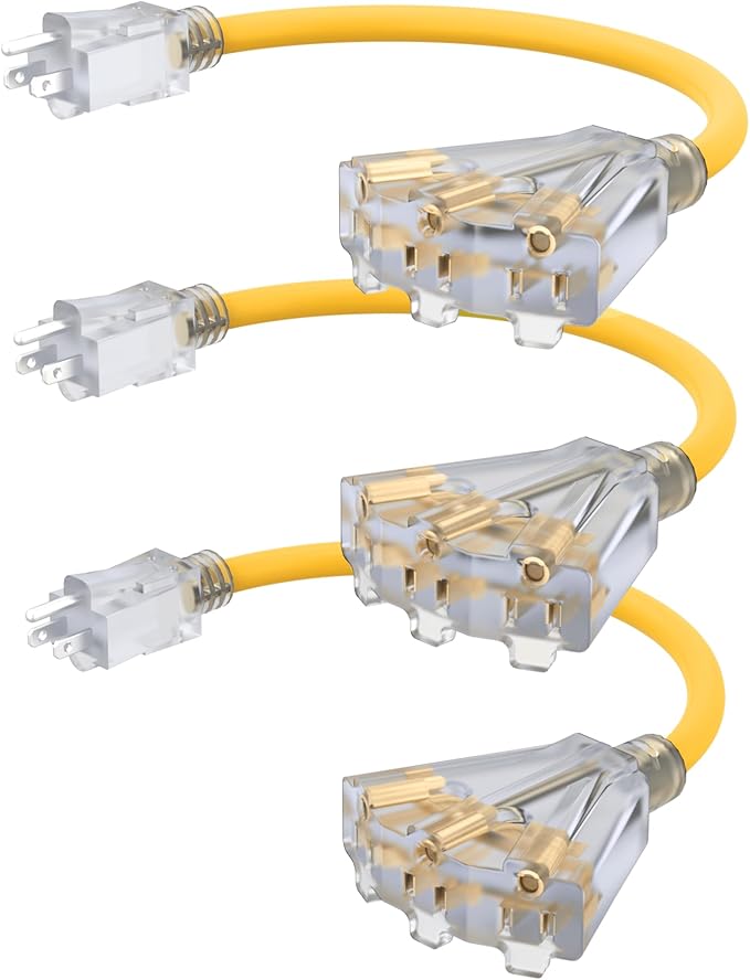 2FT 12 Gauge Outdoor Extension Cord with 3-Outlets, 3Pack, Heavy Duty 3 Prong Extension Cord Waterproof with Lighted end, 15A 12AWG 1875W SJTW, ETL Listed, Yellow