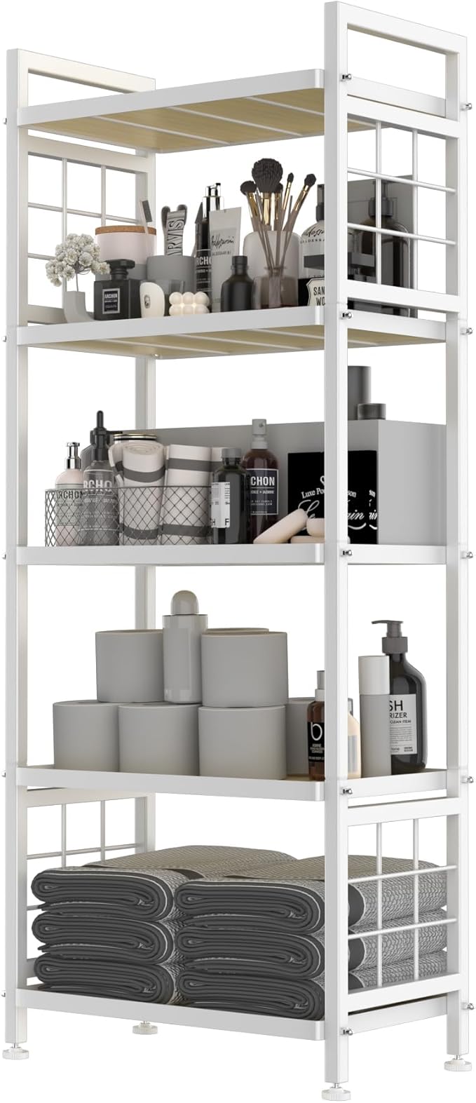 GIOTORENT 5-Tier Pantry Shelves with Wooden Boards, Heavy Duty Storage Shelves & Book Shelf, Adjustable Metal Shelving Unit for Kitchen Bathroom Laundry Organizer, Sturdy Rust-Resistant, White