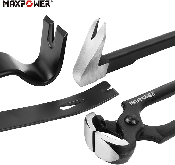 MAXPOWER 4-Pieces Pry Bar Set, 12-inch Utility Claw Pry Bar, 8-inch Nail Puller, 10-inch and 7-inch Flat Pry Bar Crowbar Claw