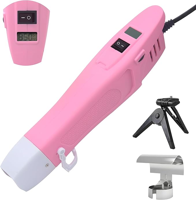 mofa Mini Variable Temp Heat Gun 350W 250℉~850℉(150℃- 450℃) Fast Heating,LCD Digital Display Hot Air Gun Tools with Reflector Nozzle&Tripod Overload Protection for Crafting,Embossing,Drying (Pink)