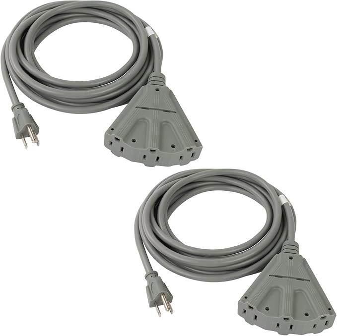 EP 2 Pack 6 Ft Outdoor Extension Cord with 3 Electrical Power Outlets - 16/3 SJTW Grey Cable with 3 Prong Grounded Plug for Safety Great for Christmas Lights, Garden and Major Appliances