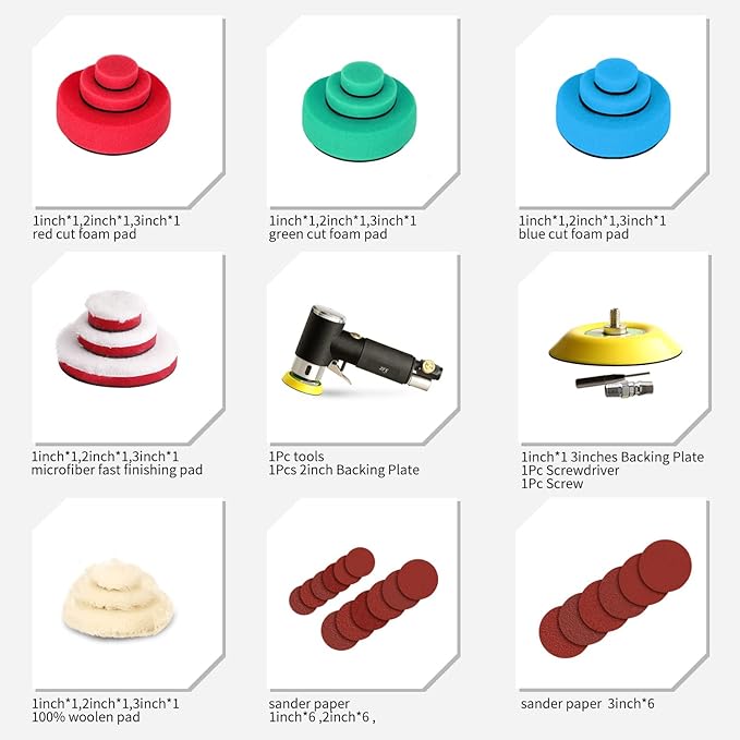 1/2/3 Inch Random Orbital Air Sander, Mini Pneumatic Sander for Auto Body Work, High Speed Air Powered Polisher with 15 Polishing Buffing Pads,18 Sandpapers