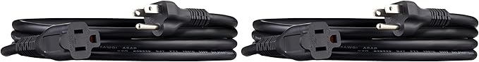 Amazon Basics Indoor Extension Cord, 3 Prong Outlet Extender Power Cord, 13 Amps, 125V, 6 Foot, Black, 2-Pack
