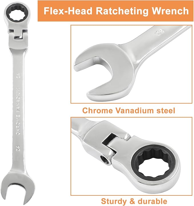 Piutouyar 24mm Flex-Head Ratcheting Wrench, Professional Metric Ratchet Wrench Combination Wrench Box Ended Spanner Tool for Projects Repair(5° Movement and 72 Teeth 12 Point, CR-V)