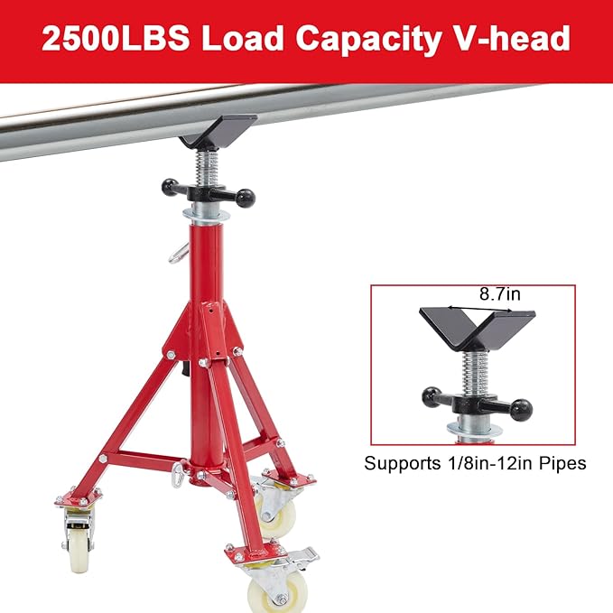 Towallmark V-Head Pipe Jack Stand with Casters, 28-52 Inch Adjustable Height,1/8"-12" Capacity, 2500 lb Load Capacity,Heavy Duty Carbon Steel Body, Steel Jack Stands with Portable Folding Legs