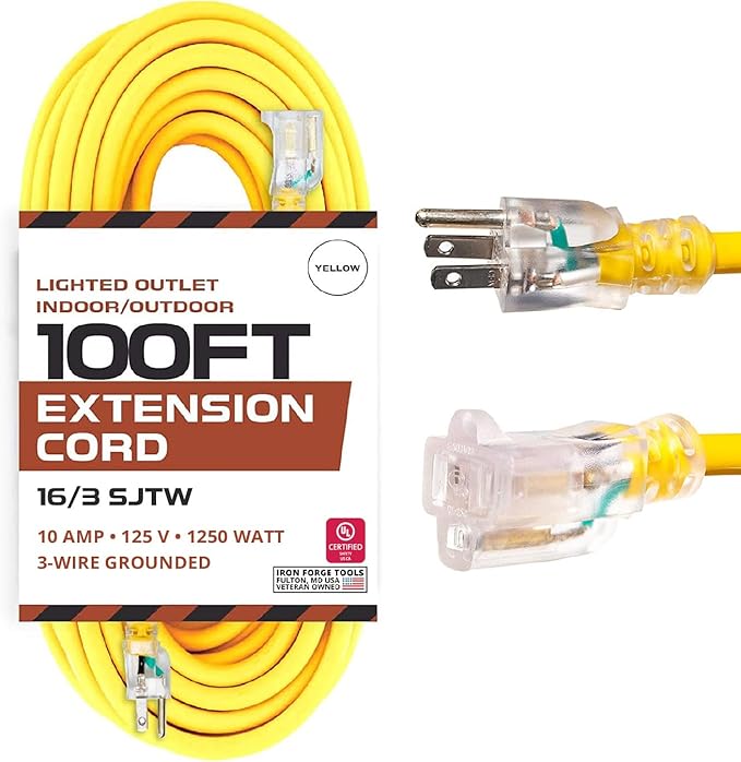 Iron Forge Cable Weatherproof 100 Ft Outdoor Extension Cord - 16/3 SJTW 10 Amp Heavy Duty Highly Visible Yellow Extension Cord 3 Prong - Lighted End
