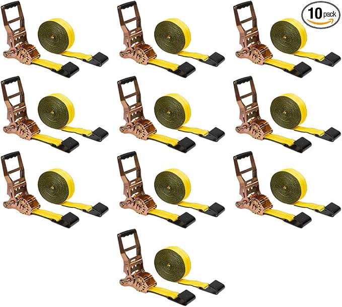 Mytee Products 10 Pack 2" x30' Self-Tensioning Ratchet Tie Down Straps with Flat Hooks - 3,333 Lbs WLL - Heavy Duty Tie Down Ratchet Straps for Flatbed, Truck, Trailers, Cargo, Pickup - Yellow