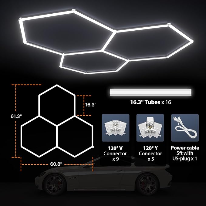 Hexagon Garage Lights, 3-HEX Updated Bigger Size, 19200lm Super Bright Car Detailing Ceiling, Led Hexagon Lights, Honeycomb Lights for Detailing, Home Gym, DIY Workspace, Basement Garage
