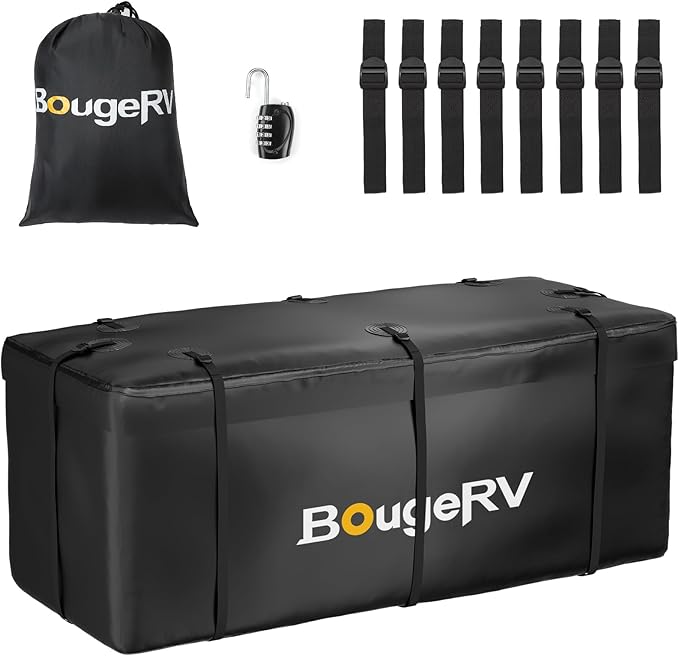BougeRV Hitch Cargo Carrier Bag with Lock Waterproof Soft Shell 20 Cubic Feet (59" 24" 24") Cargo Bag for Hitch Carrier Include 8 Reinforced Straps for Truck Pickup RV All SUV with Hitch Cargo Basket