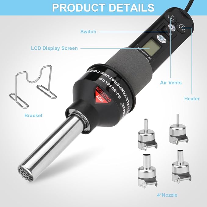 Rongon Heat Gun for Shrink Tubing, Hot Air Rework Station, 110V 200W LCD Heating Soldering Hot Air Gun, Adjustable Heatgun for Crafts, Shrink Wrap, Electronics, Resin, Wire