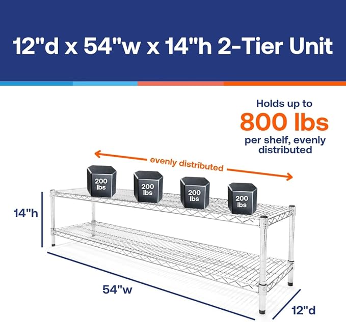 Shelving Inc. 12" d x 54" w Chrome Wire Shelving with 2 Tier Shelves, Weight Capacity 800lbs Per Shelf