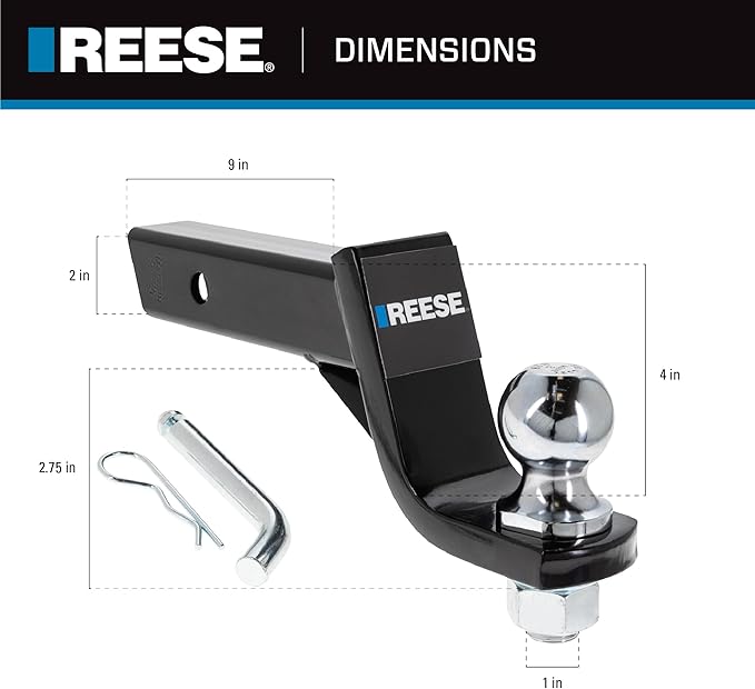 Reese Towpower 7081000 Trailer Hitch Drawbar and Ball Hitch Towing Kit, Fits Square 2 Inch Hitch Receiver, 4 Inch Drop, 7,500 lbs. Capacity, Includes 2 Inch Trailer Ball and Hitch Pin & Clip