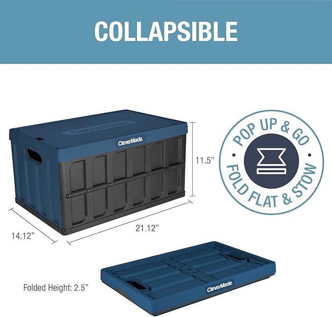 CleverMade Collapsible Storage Bins with Lids (46L, 3 Pack) – Stackable Foldable Plastic Storage Crates for Home, Closet & Trunk Organization - Ocean