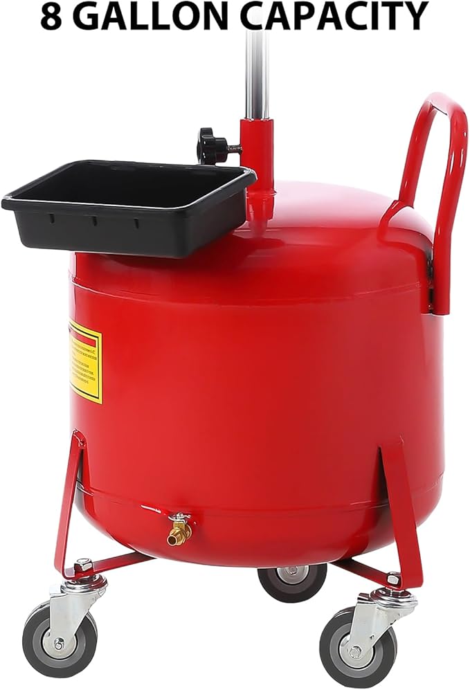 20 Gallon Oil Drain Tank, Fluid Fuel Transfer Tank, Portable Oil Drain Container, Air Operated Drainer with Wheels and a Toolbox, Adjustable Funnel Height (8 Gallon-Red)