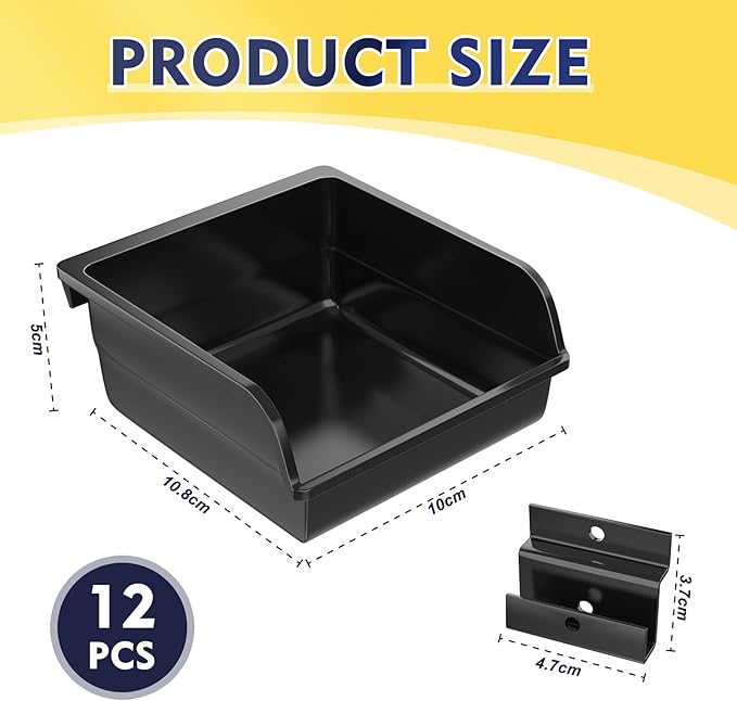 12 Pack Slatwall Bins with Hooks Plastic Slatwall Organizer Slatwall Containers Workbench Bins for Slat Wall Organizing Hardware, Garage, Craft Room, Tool Shed, Hobby Supplies (12, Black)