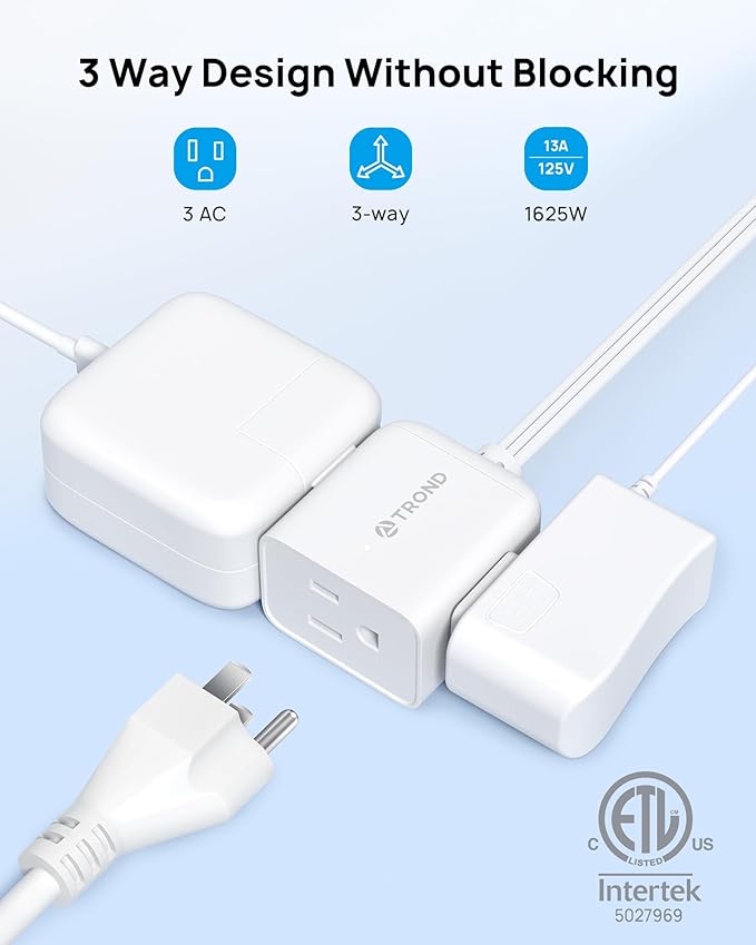 TROND Flat Extension Cord 6 Feet - Left Angled Flat Plug Power Strip, ETL Listed, 3 Plug Extension Outlets, Three Prong, SPT 16/3 Gauge, 13A, Small for Indoor Home Office Cruise Ship Travel, White