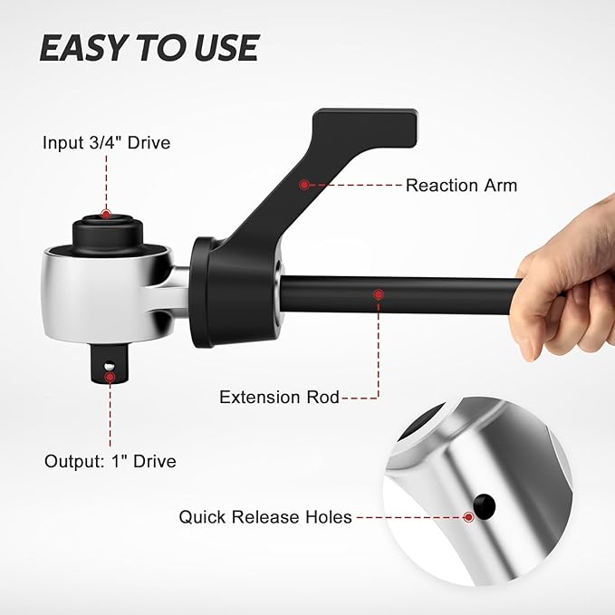 VANPO Torque Multiplier, 1:3 Torque Ratio, Heavy Duty Torque Multiplier Wrench, 1" Drive Output 2200 Ft.lb/2982.22 N.m, 3/4" Drive Input 733 Ft.lb/993.6 N.m for Caravans, Truck, Tractor Maintenance