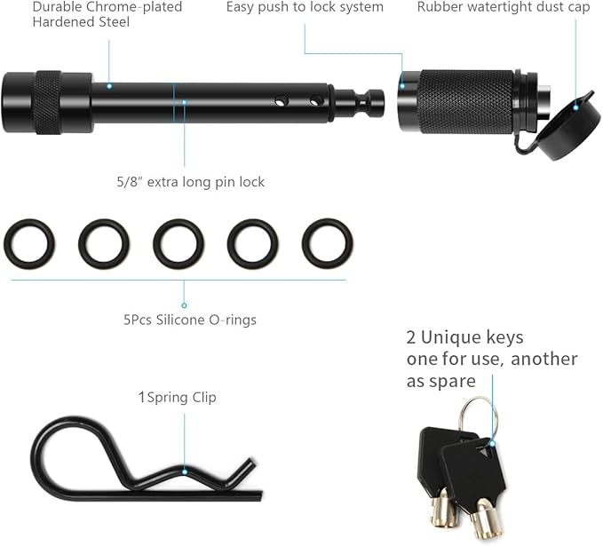 Coolrunner Trailer Hitch Lock Pin Set, 5/8" Extra Long Black Locking Hitch Pin, Heavy Duty Tow Hitch Receiver Lock with Anti-Rattle, Keys, Rubber Cap(5/8" Not Keyed Alike)