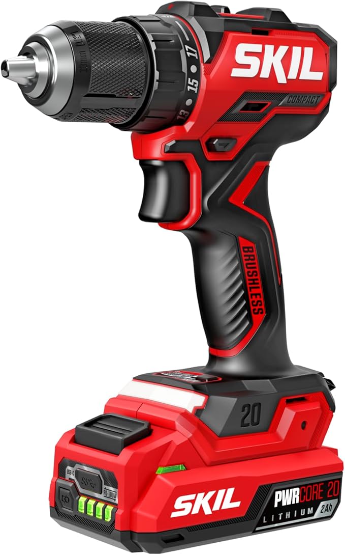 SKIL PWR CORE 20 Brushless 20V 1/2-Inch Compact Drill Driver Kit, Includes 2.0Ah USB-C Battery and 45W USB-C PD Charger - DL6293B-1C