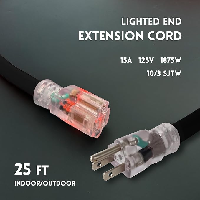 10 Gauge Heavy Duty Outdoor Extension Cord 25 FT, Waterproof Exterior Extension Cable with Lighted, 3 Prong Appliance Power Cord Outside, SJTW, 125 VAC, 15 Amp, 1875 Watts, Black